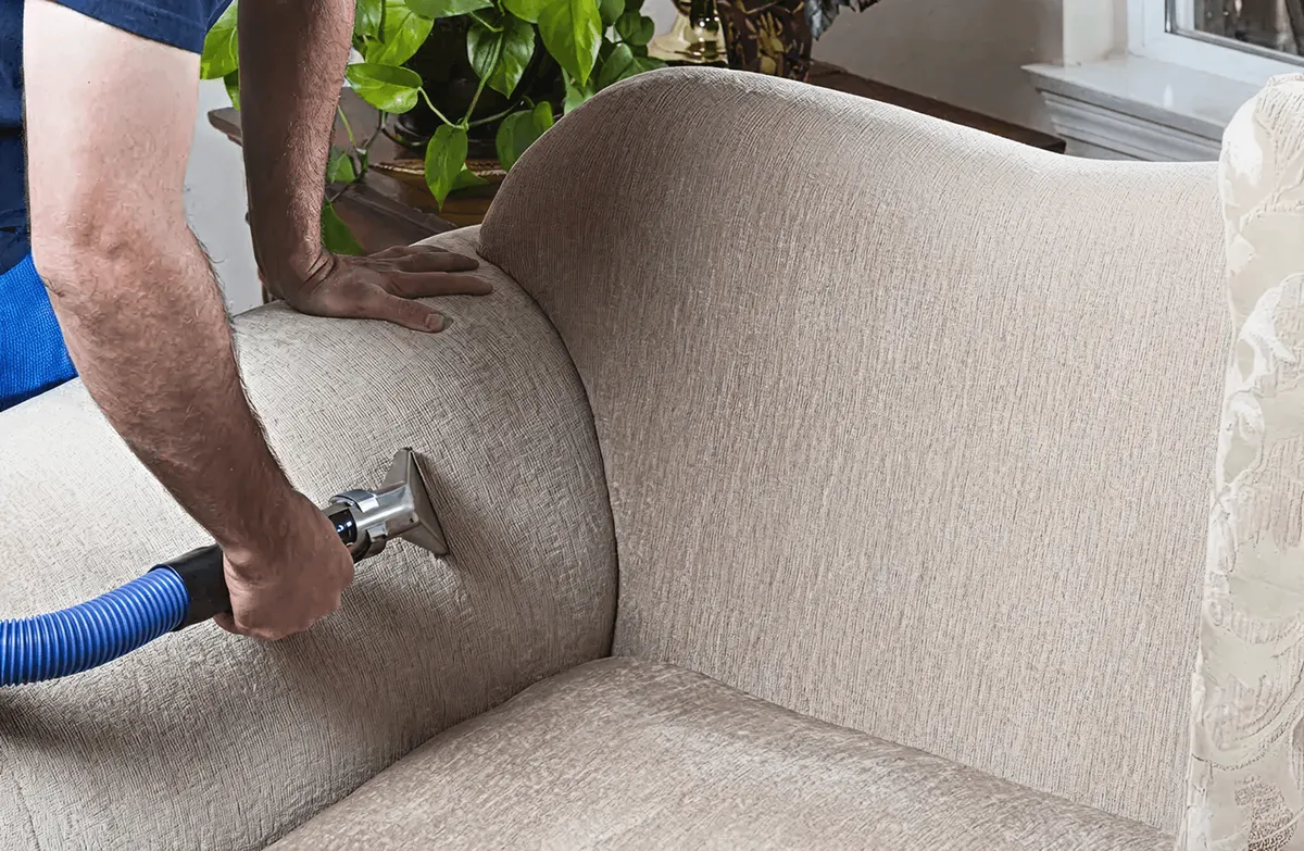 Professional upholstery cleaner deep-cleaning a fabric sofa with a handheld extraction tool and hose, Indianapolis, IN.